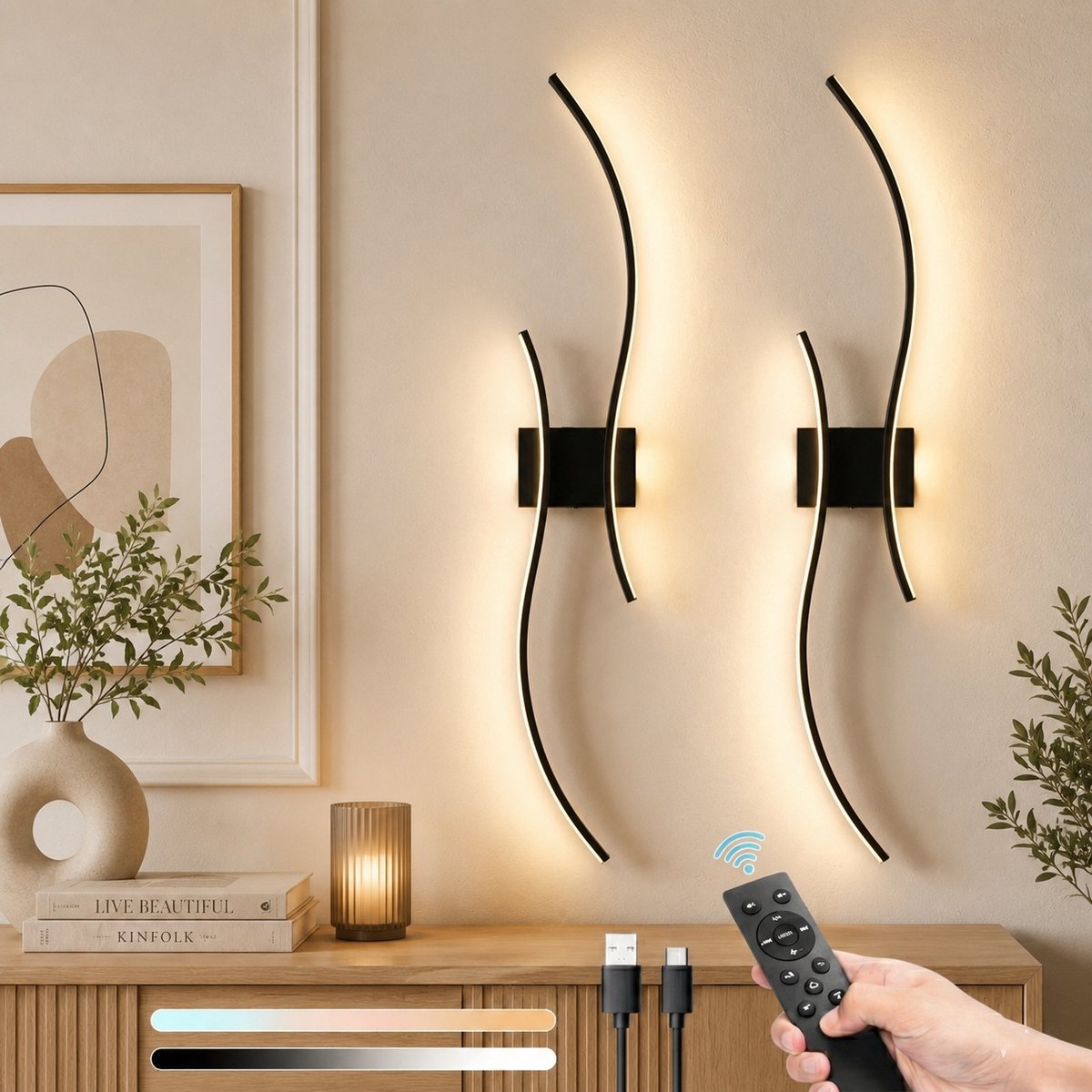 MUPOO Touch Wandlamp Binnen Oplaadbaar (2 Stuks)-Timer & Geheugenfunctie -Nachtlichtmodus &Dimbaar- Afstandsbediening- Wandlampen voor Woonkamer & Slaapkamer-verlichting voor Trap&Gang -zwart