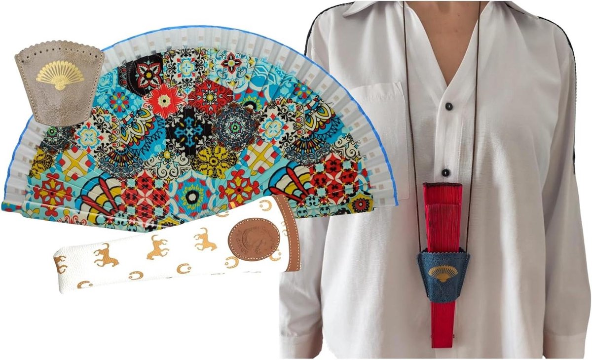 Houten vouwwaaier set - Canvas tas leren - Feestelijke accessoires - Spaans vakmanschap - 22 cm hoog - Donkerblauw