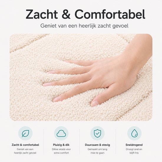 Een hand die zachtjes in de dikke, beige badmat duwt, wat de zachtheid benadrukt.