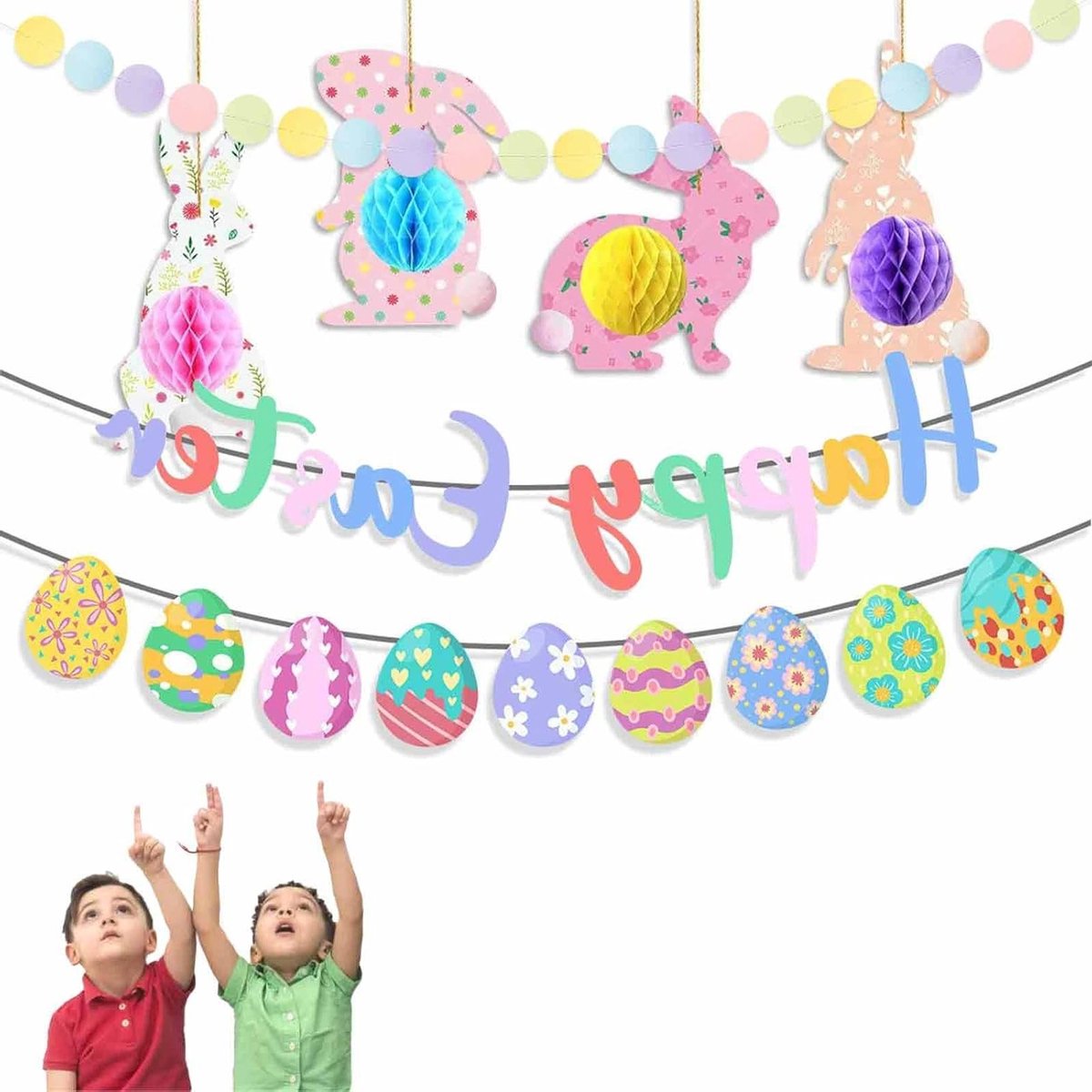 Vrolijke Paasdecoraties - Herbruikbare Decoratieset met Unieke Paashaas en Paaseieren - Moderne Hangdecoratie met Honingraatpapier voor een Feestelijke Paasgarland