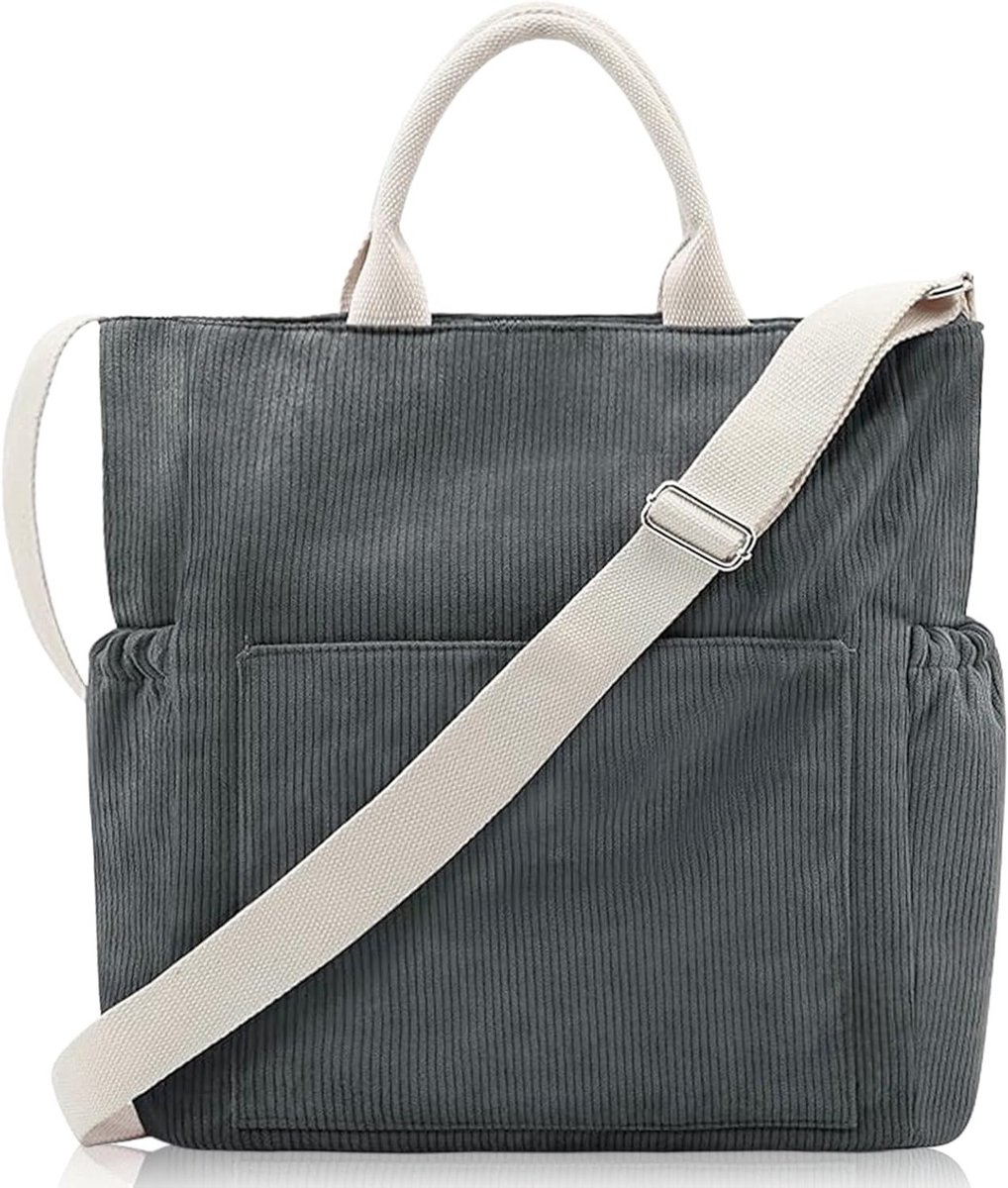 Ruime Corduroy Schoudertas met Waterdichte Rits - Verstelbare Handtas voor Vrouwen, Perfect voor Werk, School en Winkelen