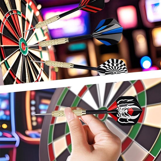 18 professionele dartpijlen van staal, dartset met schacht en flights, dartpijlen met metalen punt, 6 patronen, perfect voor familie, feestjes en Kerstmis, cadeau, beginners en amateurs — afbeelding 2