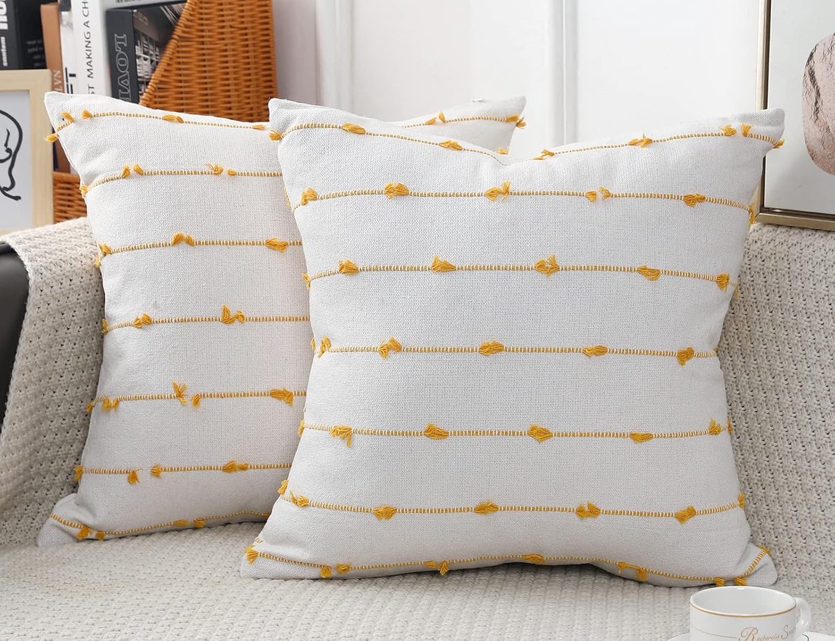 Set van 2 Boho Sierkussenshoezen met Kwastjes Neutraal Beige & Geel 40x40 cm