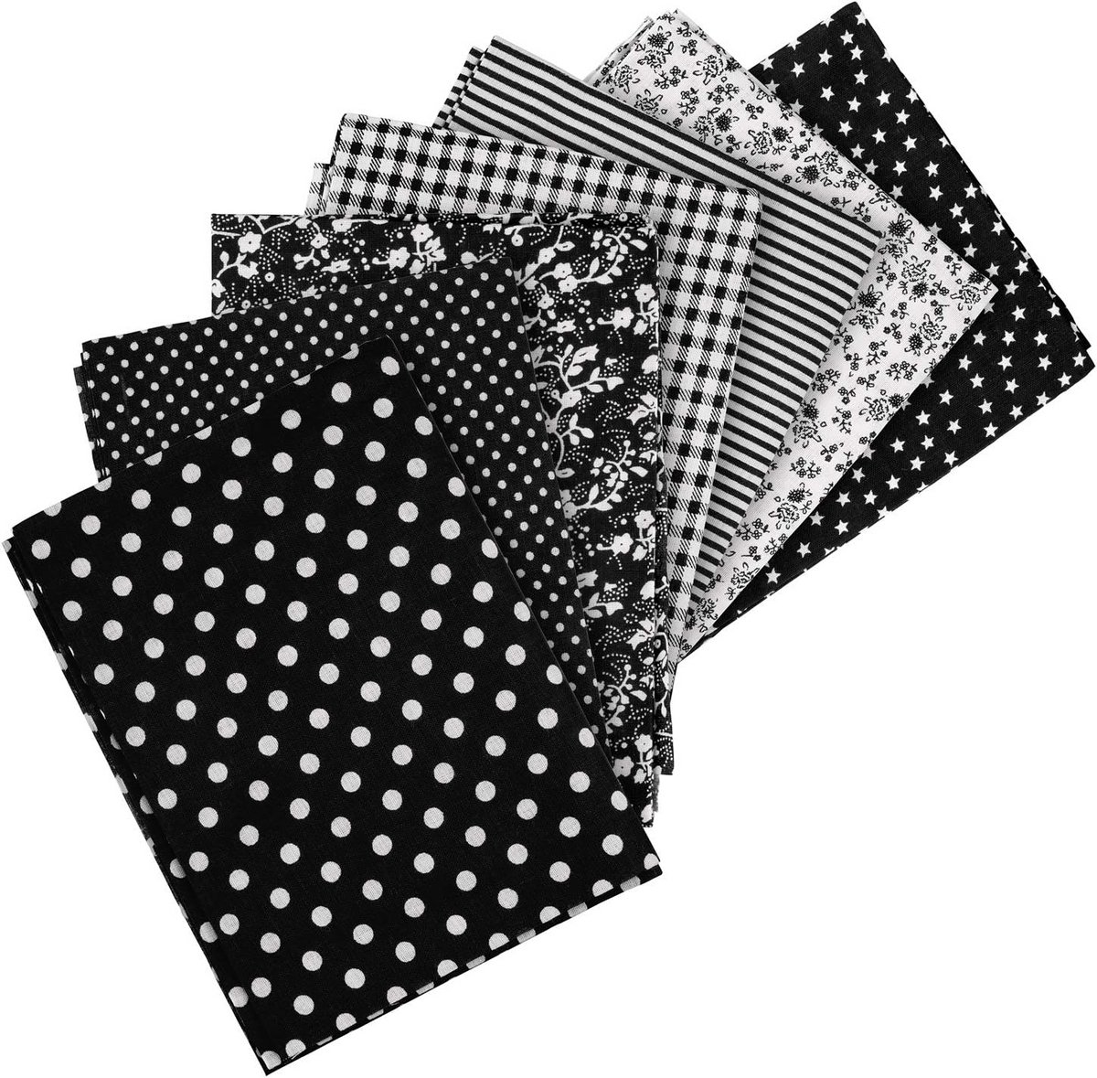7 x patchwork stoffen van katoen, 50 x 50 cm, verschillende motieven, kleur: zwart