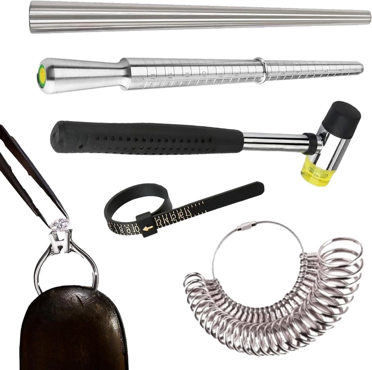Ringmaat set - Meetgereedschap - Sieraden maken - Met hamer - Diverse maten - Zilverkleurig