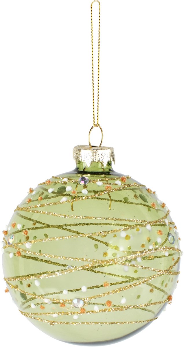 Dekoratief | Hanger bal m/kraaltjes, groen/transparant, glas, 8x8x8cm | A265635