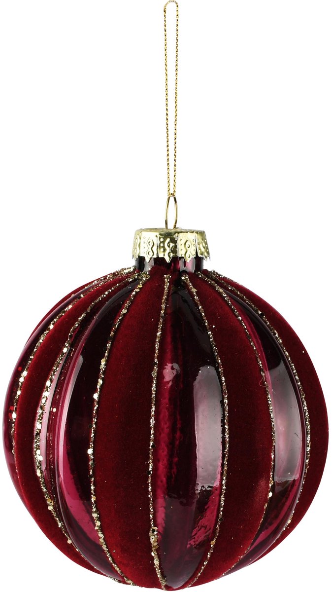 Dekoratief | Hanger bal gestreept, bordeaux/goud, glas, 8x8x8cm | A265991