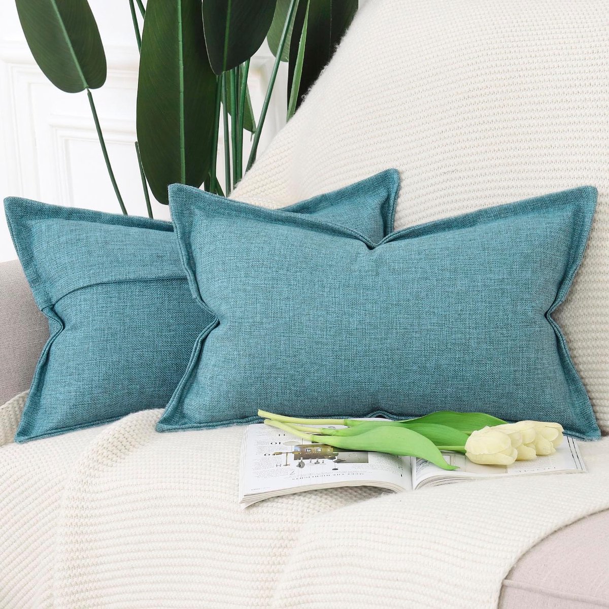 Set van 2 Zachte Linnen Kussenslopen met Brede Rand voor Sofa en Slaapkamer 40x60 cm Blauw