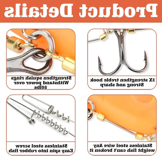 Set van 3 Stinger Haken met Voorvak Systeem en 5 Verwisselbare Gewichten voor Snoek, Ideaal voor Rubber Vissen met Jigkop, Geschikt voor Aas van 10, 13 en 18 cm, Maten S, M, L — afbeelding 2