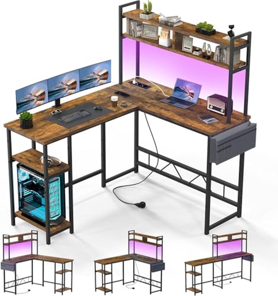 Gaming Hoekbureau met LED Verlichting 140 x 120 cm, Computer Bureau met Opladers en Opslagruimte