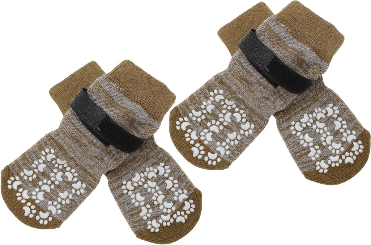 Set van 4 Antislip Hondensokken met Verstelbare Kleefbanden, Dierenbescherming voor Houten Vloeren, Comfortabele en Duurzame Hondensokken in Bruin voor Kleine Honden