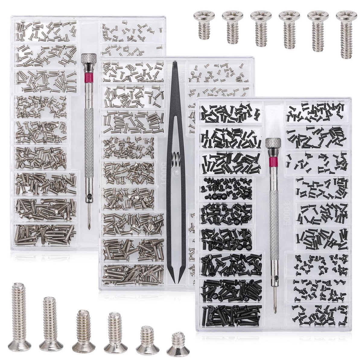 MTTproducts- Schroevenset 1500 Stuks - Reparatieset Brillen/Horloges - Miniatuurschroeven - Gereedschap voor Vastdraaien - Opbergdoos - Eenvoudig in Gebruik