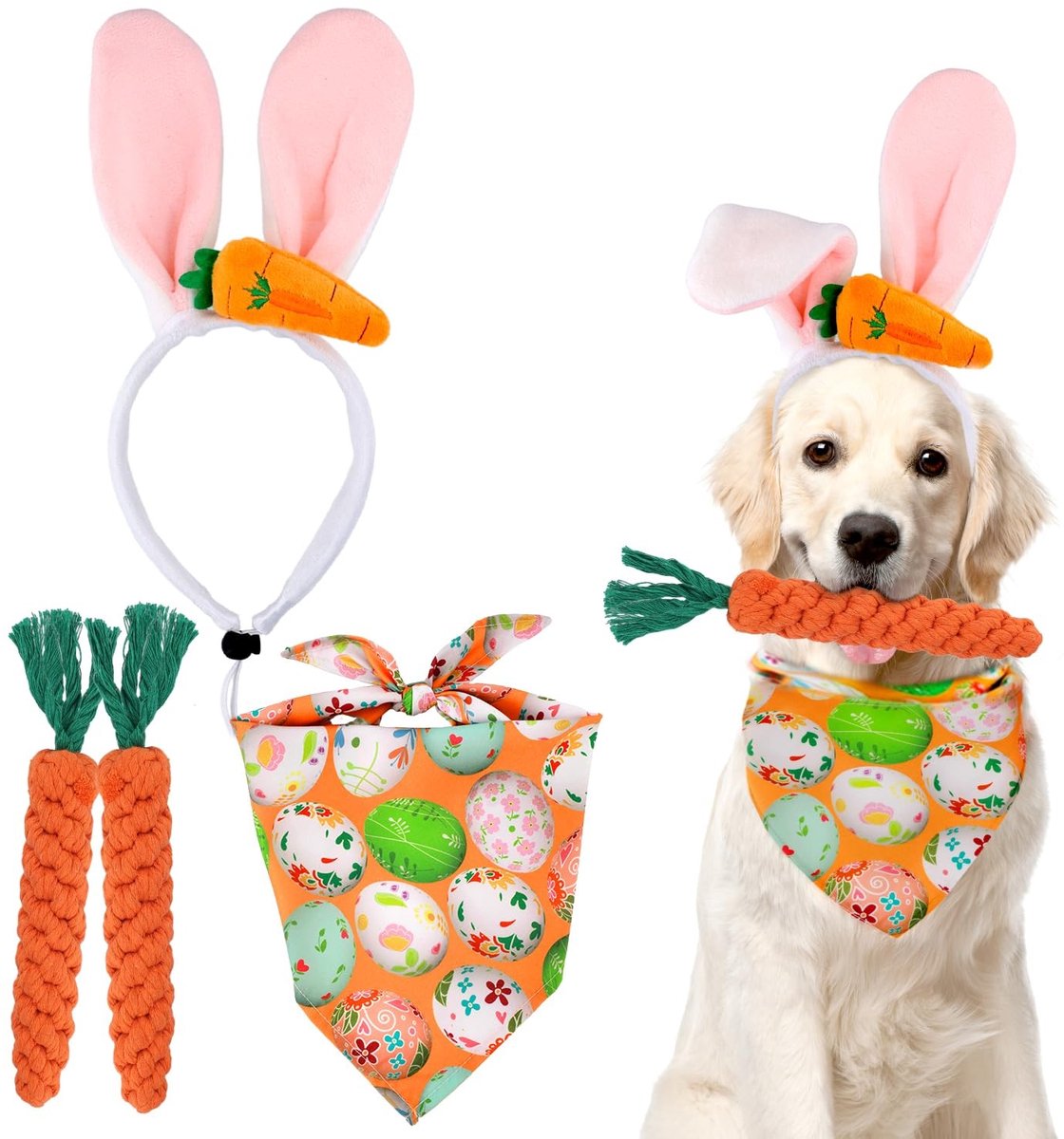 MTTproducts- Paashondkostuum Veelkleurig - Paashondbandana - Hoofdband met Konijnenoren - Wortelkauwspeelgoed - Paasoutfit - Betrouwbaar Materiaal - Hondenkostuum