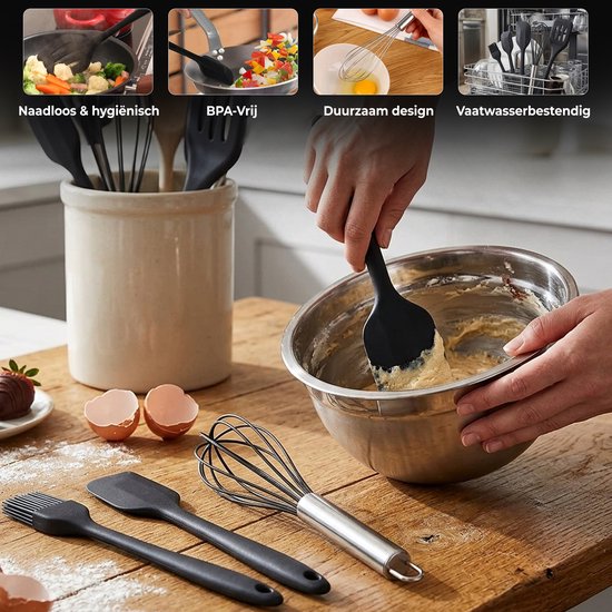 Un ensemble d'ustensiles de cuisine en silicone noir comprenant un fouet, une spatule, une raclette, un pinceau et une cuillère.