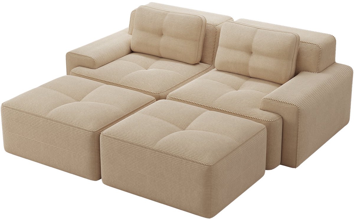 Merax U-Vormige Cloudbank 2-Zits - Beige Ribstof Loungebank 204 cm - Modulaire Bank met Hocker - Diepe Zitting - Antislip Onderzijde - Geen Montage Nodig