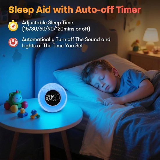 Kinderwekker met 30 Slaapgeluiden en Nachtlamp met Kleuren voor Babykamer — afbeelding 5