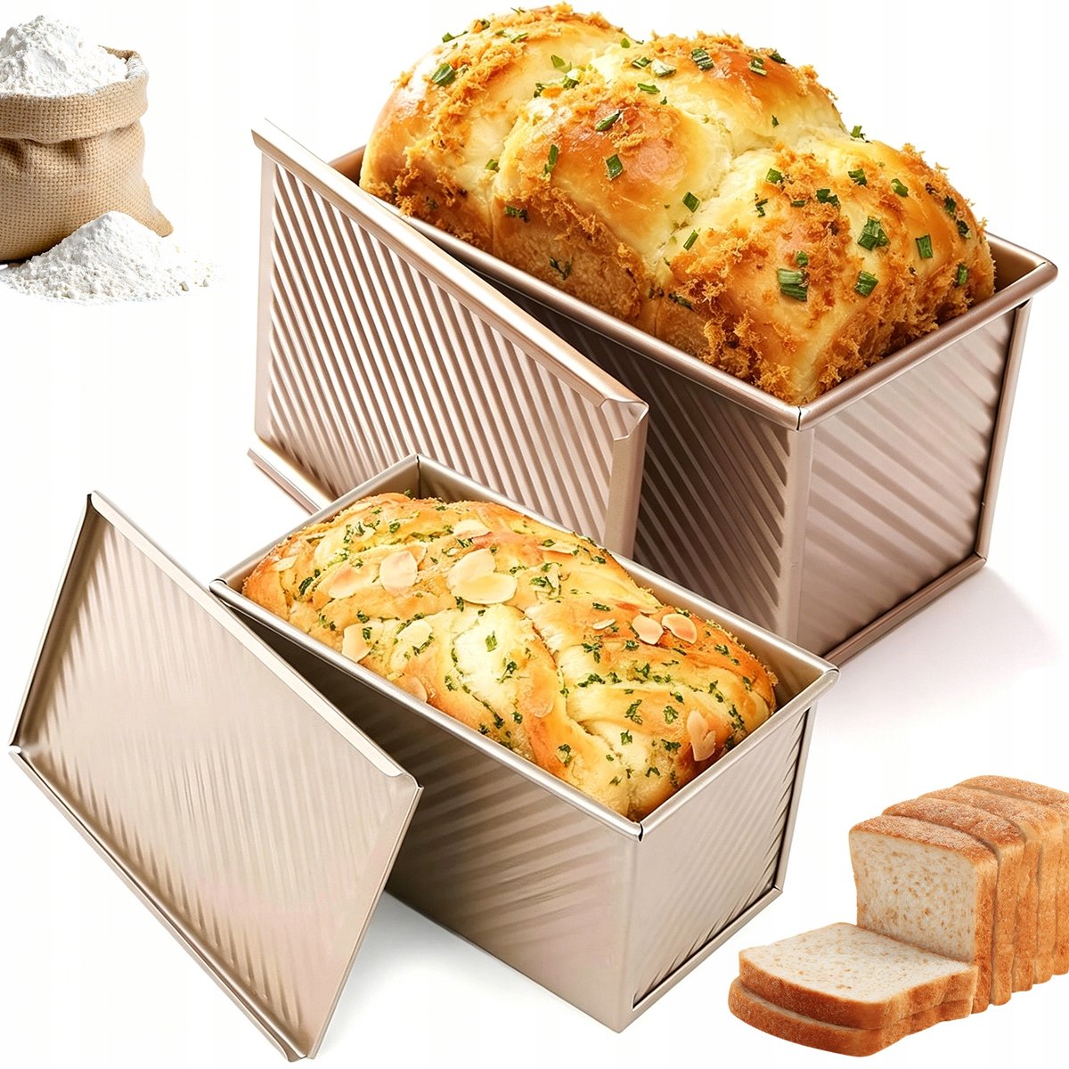 Cakevormen - Bakvormen - Bakvorm Set - Gouden Toastvorm Set 2-Delig - 21×11.5×11cm - 19×9.5×8cm - Koolstofstaal & Antiaanbak - Gegolfd Deksel - Voor Oven & Zelfgebakken Brood