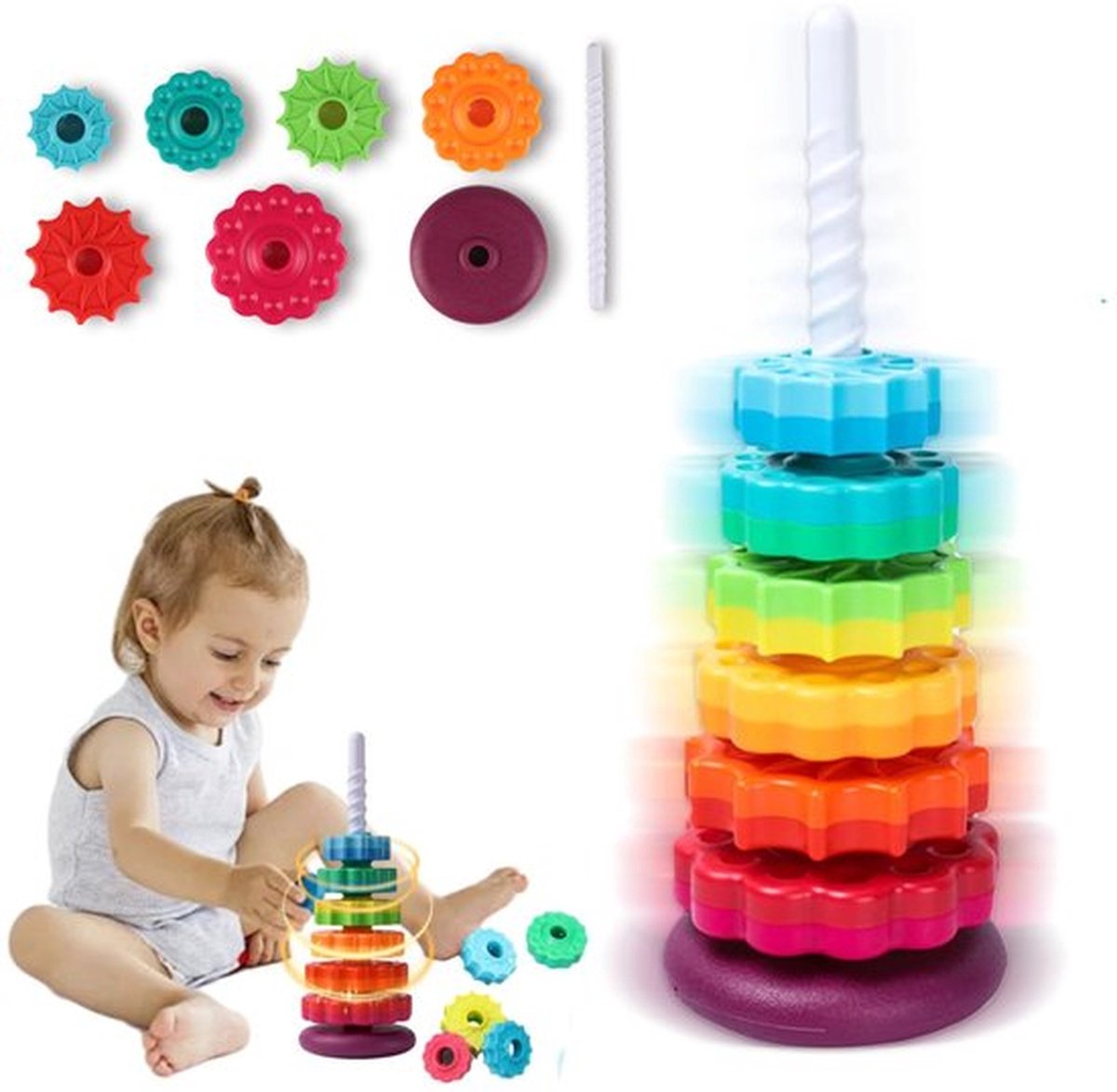 Baby stapeltoren - Regenboog ringen stapelspeelgoed met draaiende tandwielen - Montessori speelgoed - Sensorisch leerzaam speelgoed