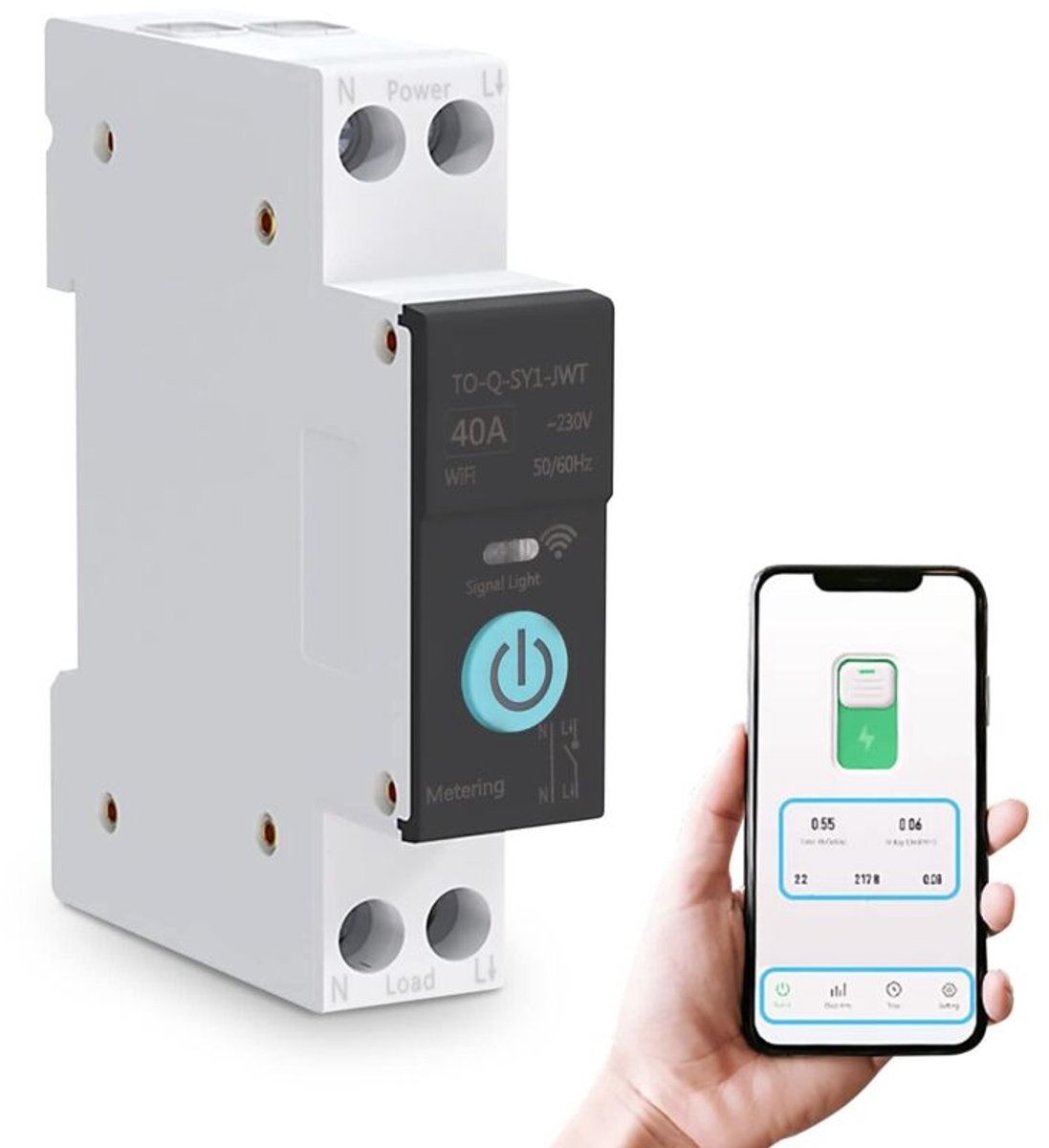 DIN-rail gemonteerde stroomonderbreker, intelligente wifi-schakelaar, bediening op afstand via mobiele telefoon, 3 synchronisatiemodi, geschikt voor huishoudelijke apparaten, 40A.