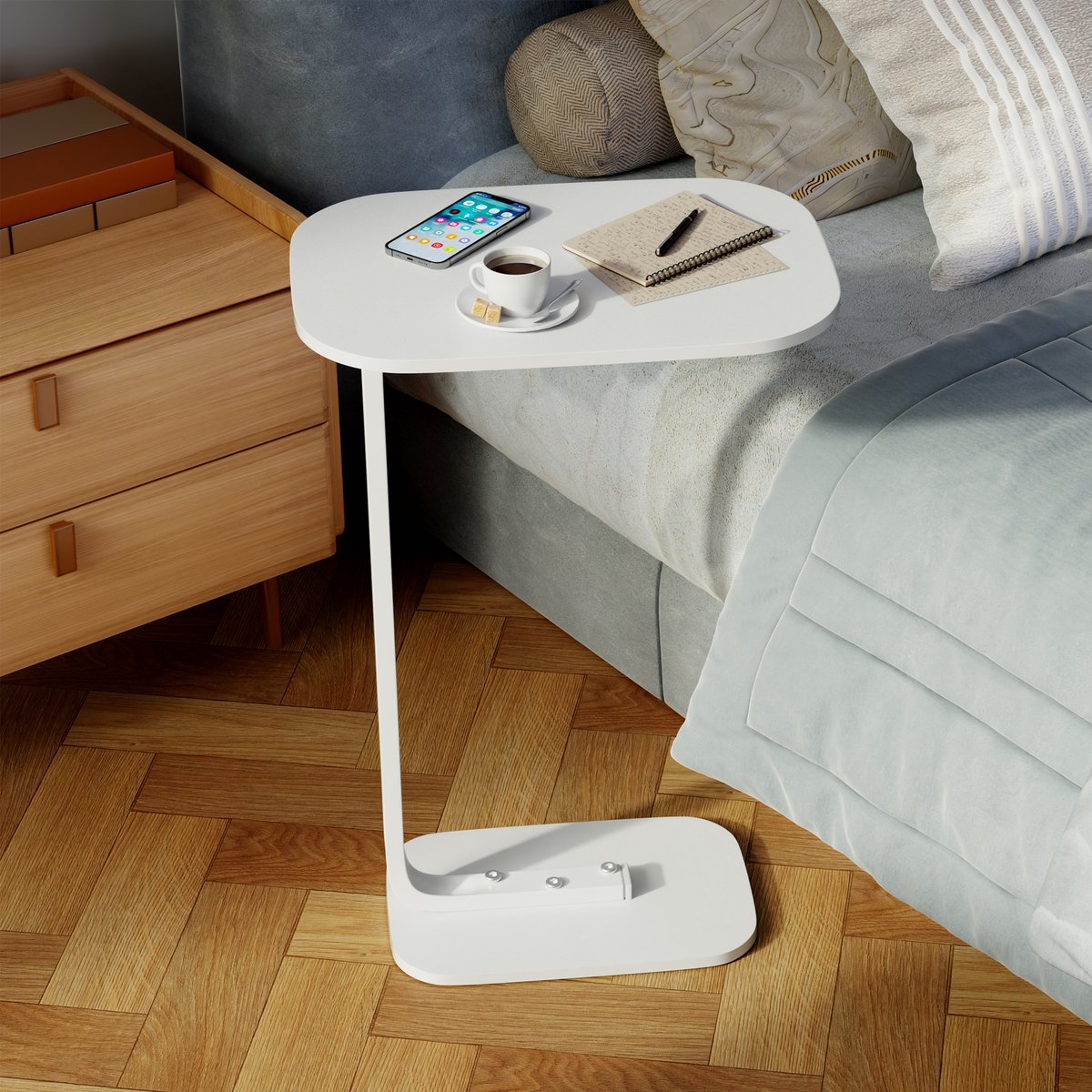 OKWISH Bijzettafels – Moderne Bijzettafel Met Stevig Metaalframe, Sidetable Voor Woonkamer En Slaapkamer, Hout + Metaal – Wit (Ovaal)