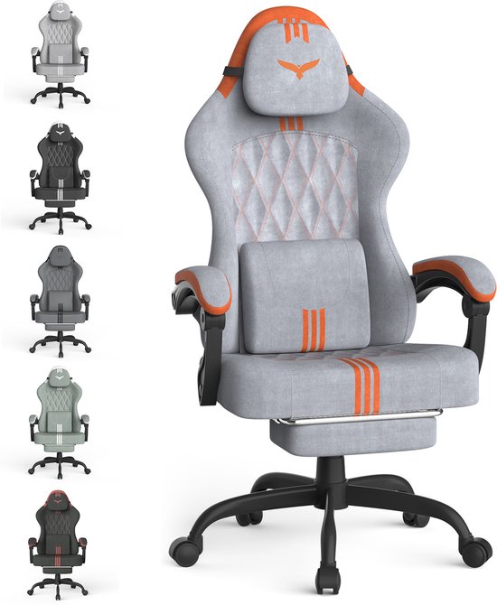 Grijze gamestoel met oranje accenten, met een reeks van stoelen in verschillende kleuren ernaast.