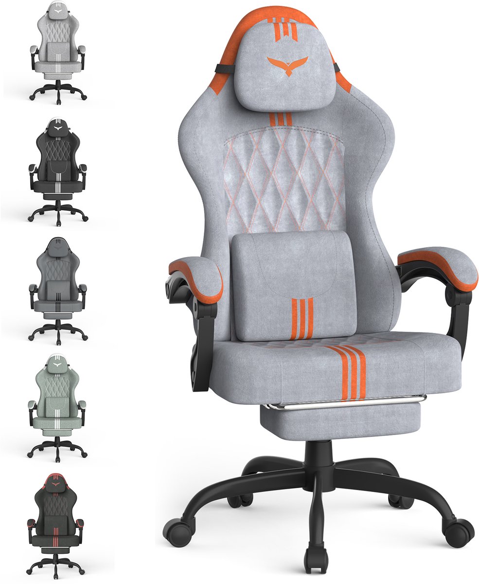 Soontrans - Ergonomische Gaming Stoel - Verstelbare Gamestoel - Lendensteun - Hoofdsteun - Voetsteun - Hoogteverstelbaar & 360° Draaibaar - Ademend Fluweeltextiel - Multifunctioneel als Bureaustoel - Werkstoel en PC-Stoel - Grijs-oranje