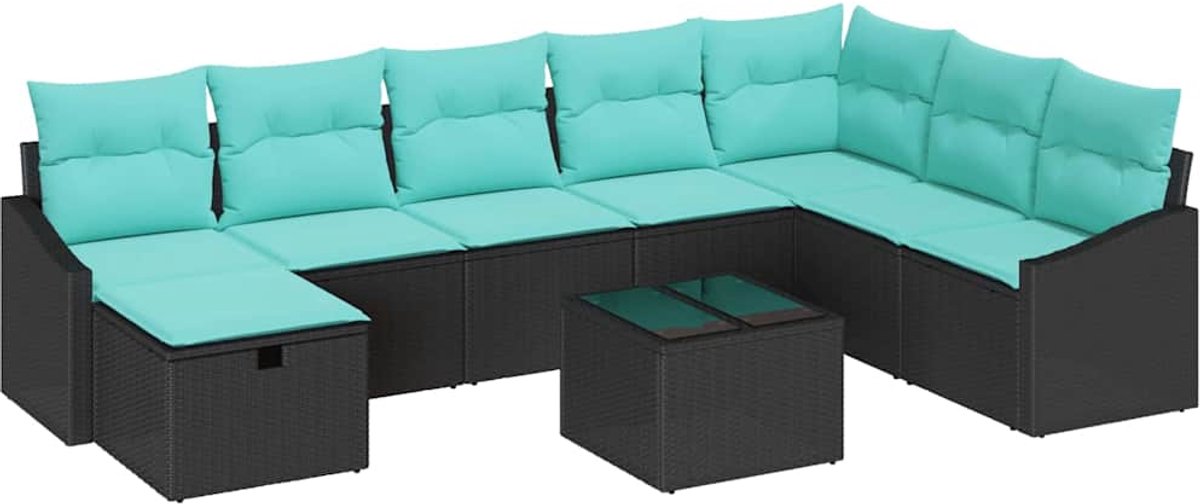 vidaXL Tuinbank - Set - 9 - st - poly - rattan Zwart/ Blauw