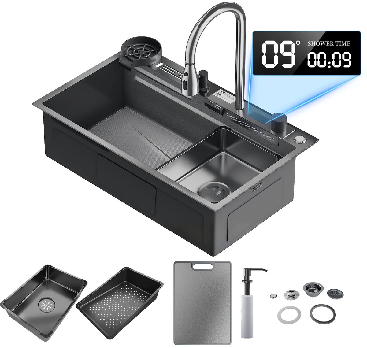 RVS 304 Aanrechtgootsteen 75x45 cm Zwart met Watervalkraan en Digitaal Temperatuurdisplay - Enkelbak Spoelbak met Zeepdispenser en Bekerspoeler - Geborsteld Staal