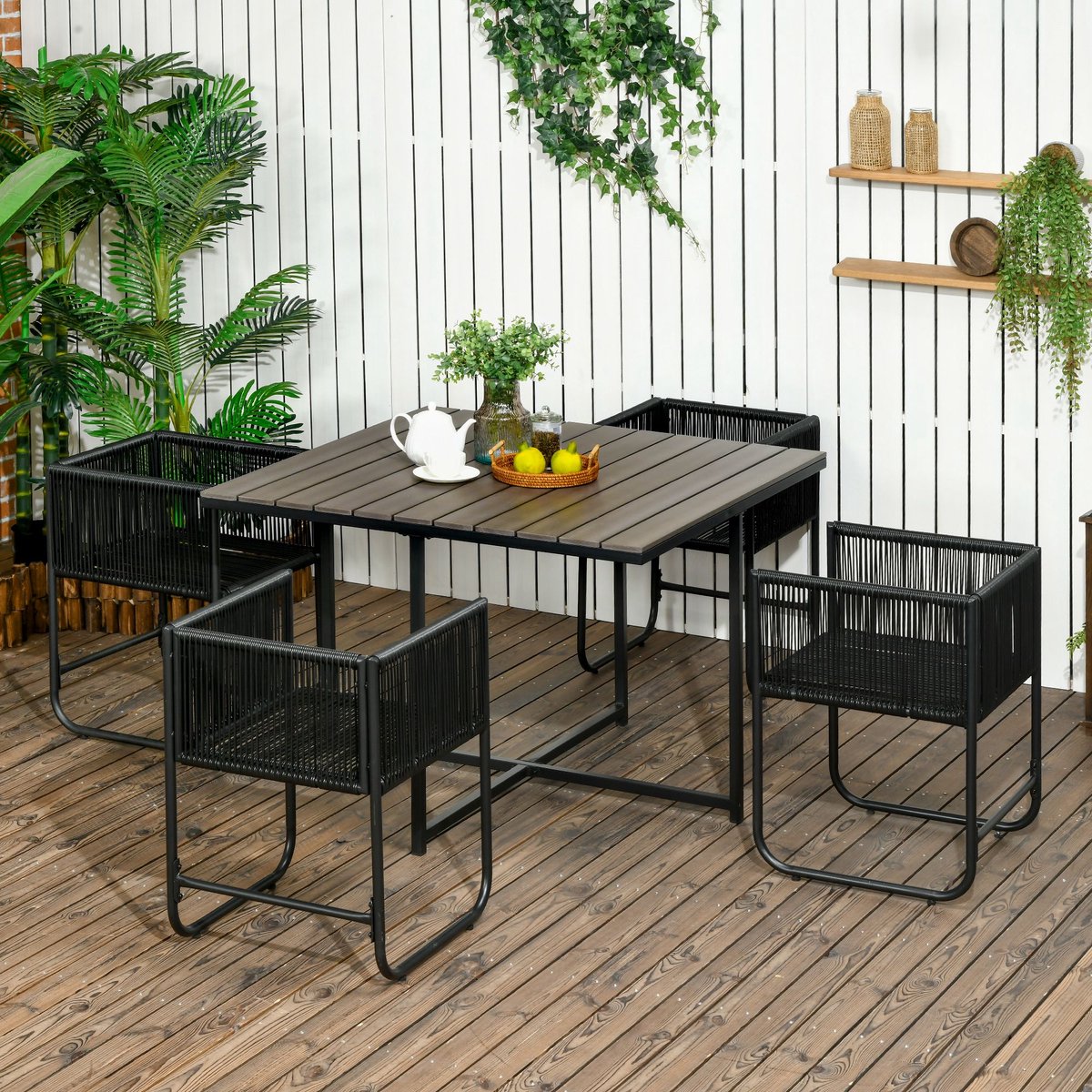 Wishdor 5-Delige Tuinmeubelset - 4 Stoelen En Vierkante Eettafel - Ruimtebesparend Ontwerp - Voor Buiten - Kunstrotan - Grijs - 110 X 110 X 75 Cm