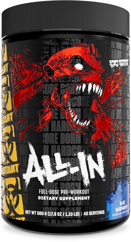 Zwarte "All-In" pre-workout pot met een rode, demonische afbeelding. "Blue Raspberry" staat er in blauwe letters.