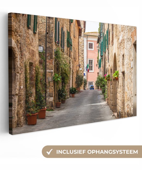 Canvas schilderij 90x60 cm - Wanddecoratie Straat van de Italiaanse middeleeuwse stad San Gimignano in Toscane - Muurdecoratie woonkamer - Slaapkamer decoratie - Kamer accessoires - Schilderijen op canvas