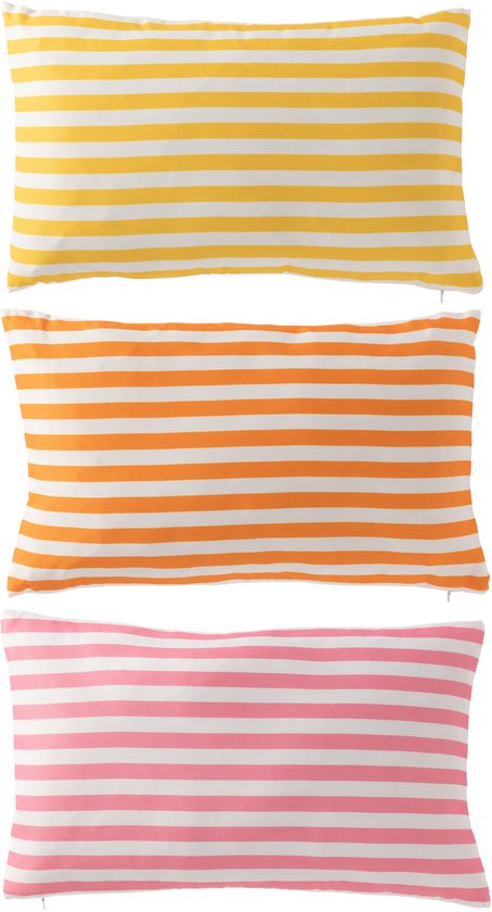 Trois coussins rayés jaunes, oranges et roses.