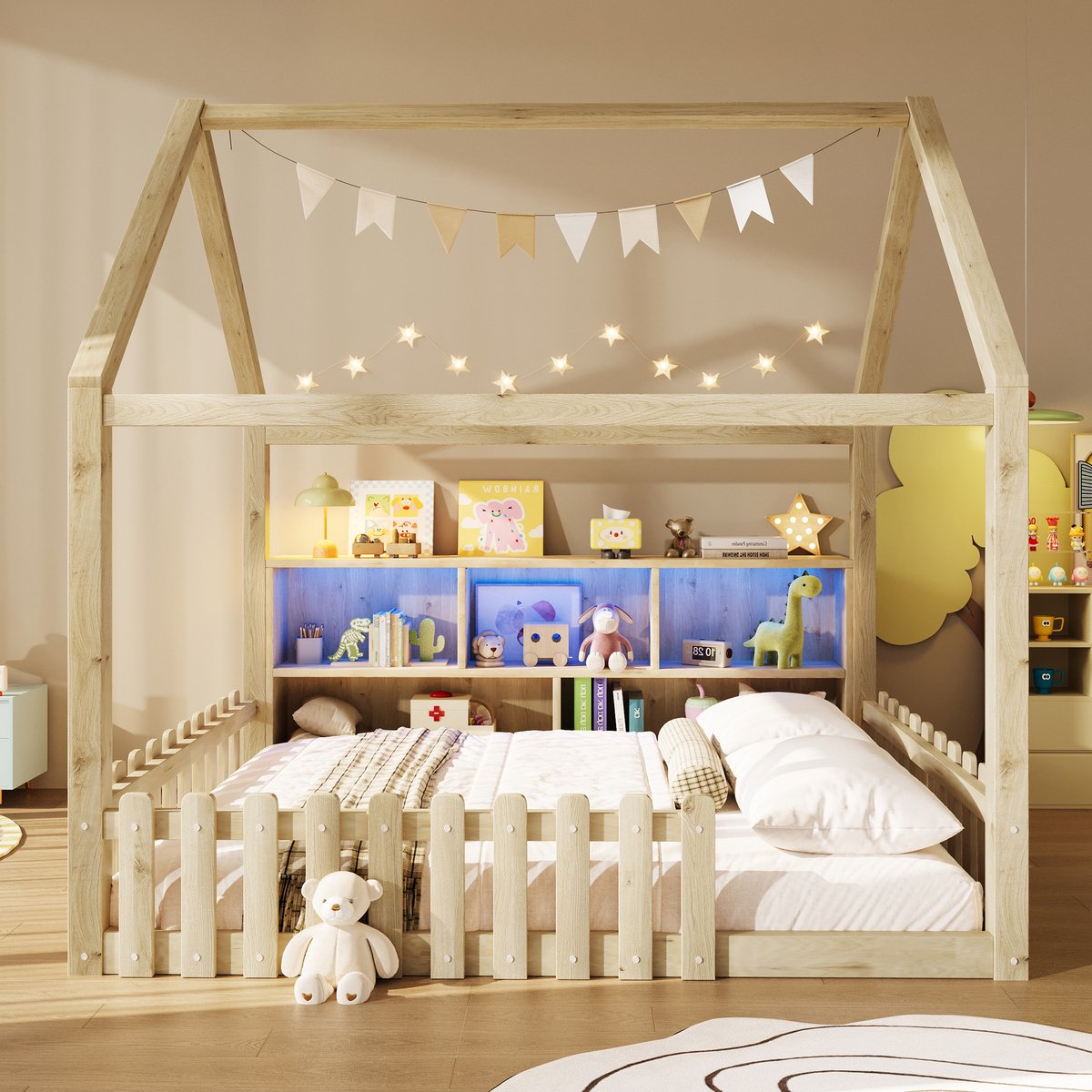 VVBV Kinderbed 140x190 – met Opbergruimte, Veiligheidshek, LED-Verlichting, Lattenbodem – Grenenhout – Zonder Matras – Natuurlijk Hout Natural