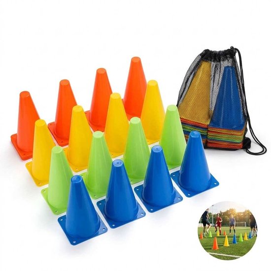 Set van 12 kleurrijke kegels in een netzak. Orange, geel, groen en blauw.