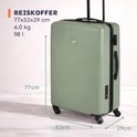 Saliegroene koffer met afmetingen 77x52x29cm, 4.0 kg, 98L, met zwarte handvatten en wielen.