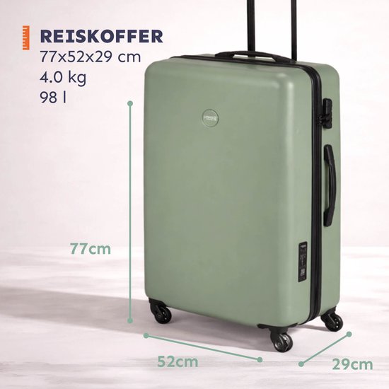Saliegroene koffer met afmetingen 77x52x29cm, 4.0 kg, 98L, met zwarte handvatten en wielen.