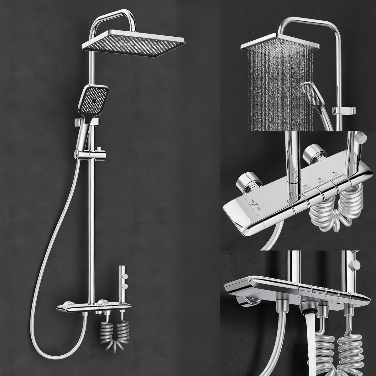 Thermostatische douchekolom 4-in-1 met mengkraan, anti-kalk, hoogte verstelbaar 80-140 cm, ideaal voor gezinnen en comfortabel douchen
