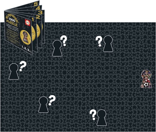 Puzzel met 1000 stukjes in donkerblauw met 6 sleutelgaten, 5 met vraagtekens, 1 met een afbeelding van spelende kinderen.