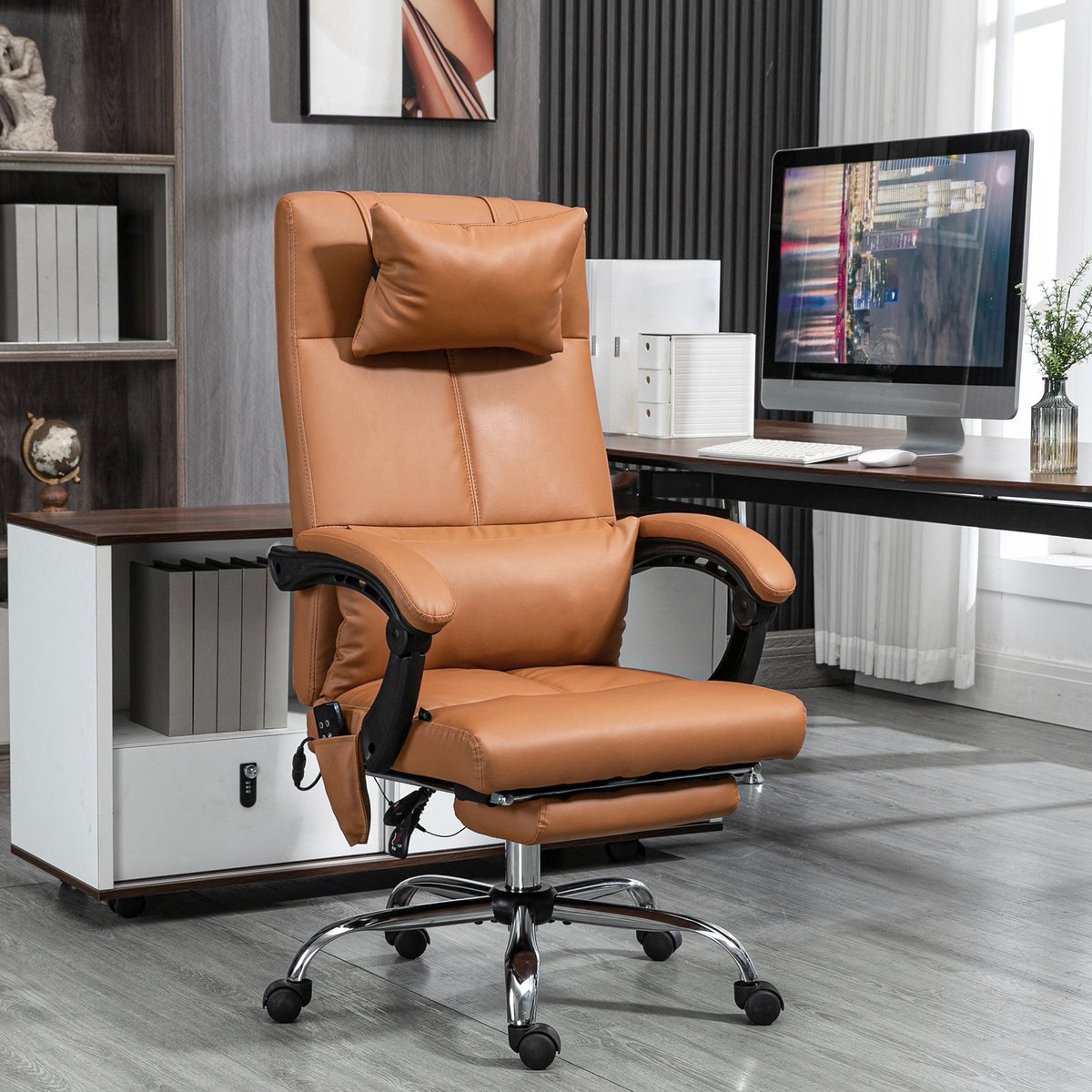 MODENUIT Kantoorstoel 66 x 67 x 115-123 cm - Massage, Verwarming & Voetsteun - Voor Bureau - Kunstleer Bruin