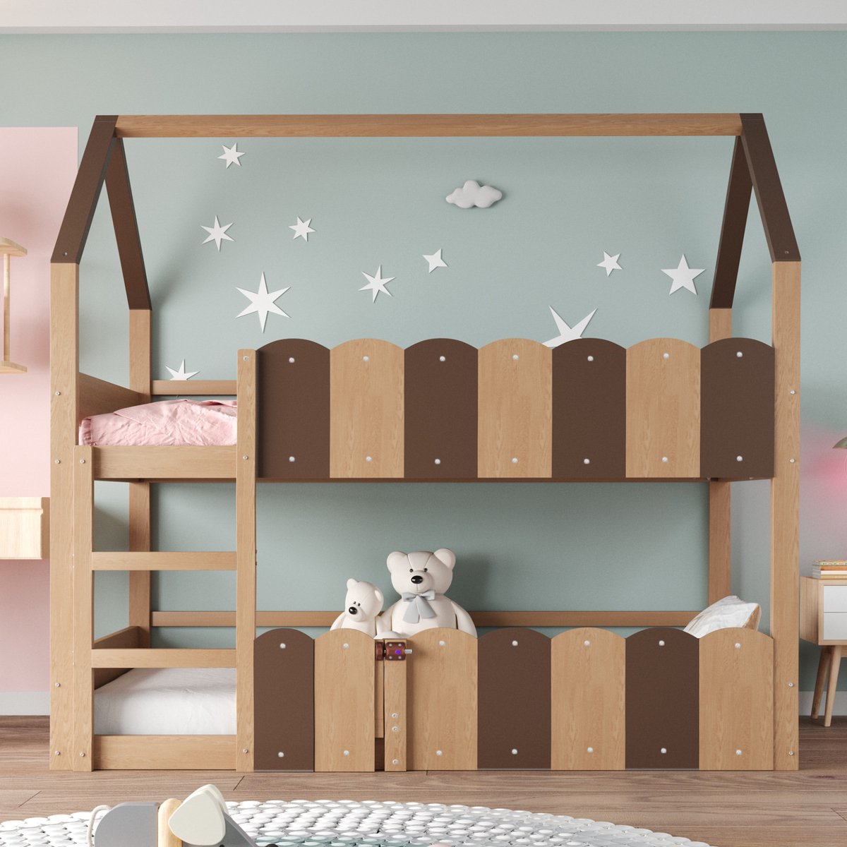 VVBVHuisbed Kinderbed 90x200 cm Houtkleur - Stapelbed met Veiligheidshekje & Lattenbodem