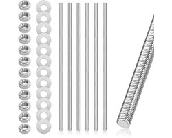Set van 6 M8 Draadstangen 300 mm met 12 Zeskantmoeren en Ringveren, Volledige Draad voor Meubelproductie en Bouwtoepassingen