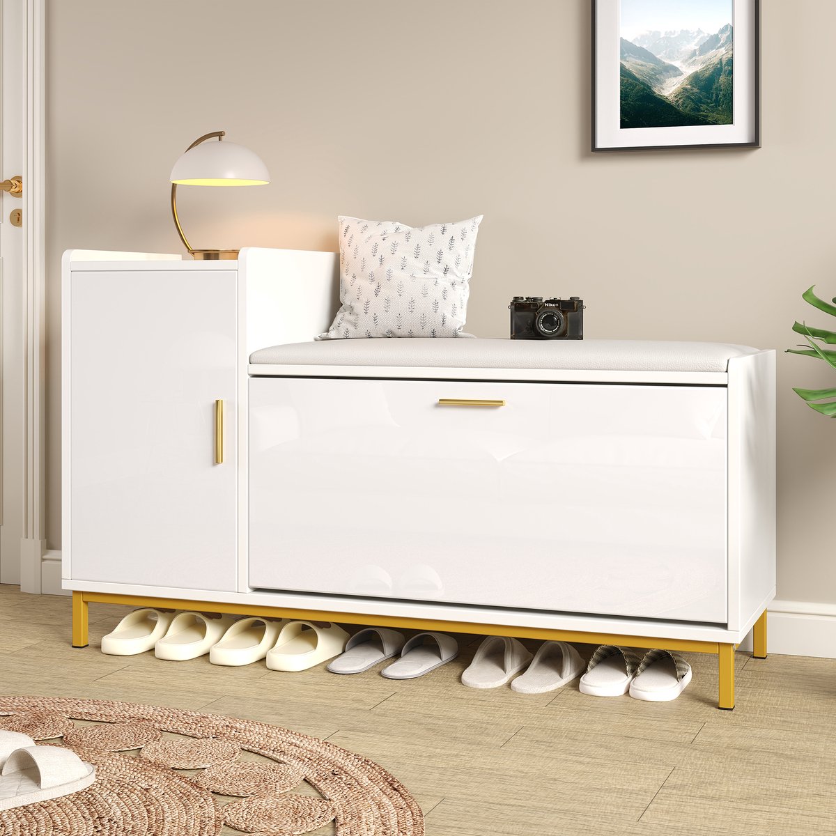 MODENUIT Schoenenkast - Met Zitkussen En Klepkast Voor Hal En Entree - Spaanplaat En Metaal - 100x38x68 Cm - Wit Goud