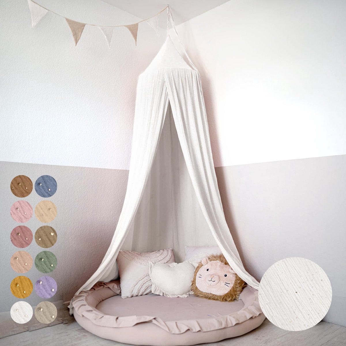 LILIMAUS Klamboe baby met gouden details - bedhemel en hemeltje kinderkamer - mousseline katoen - 245 cm - wit