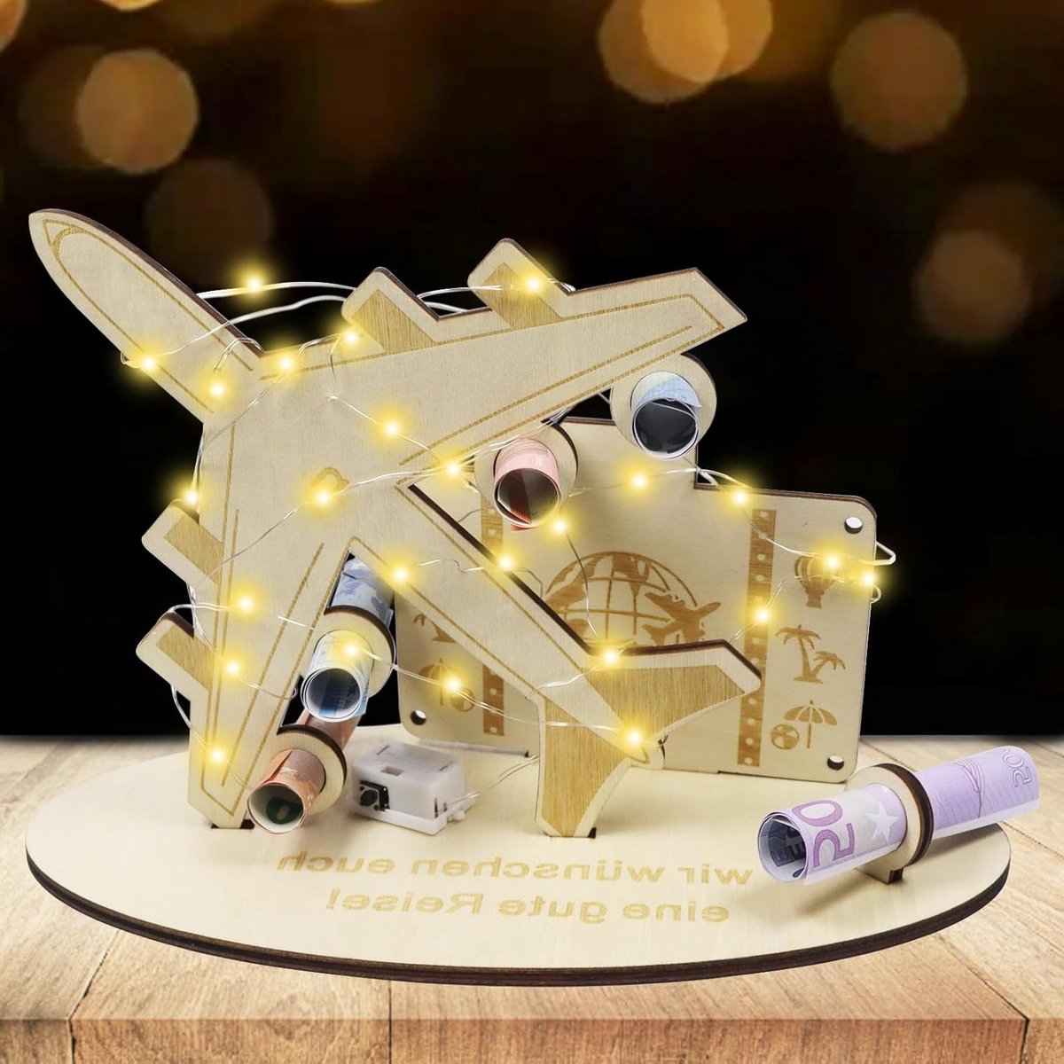 Creatief Geldcadeau voor Verjaardag, Houten Vliegtuig, LED Decoratie, Persoonlijk Cadeau voor Vrienden en Familie, Uniek Reis Geschenk