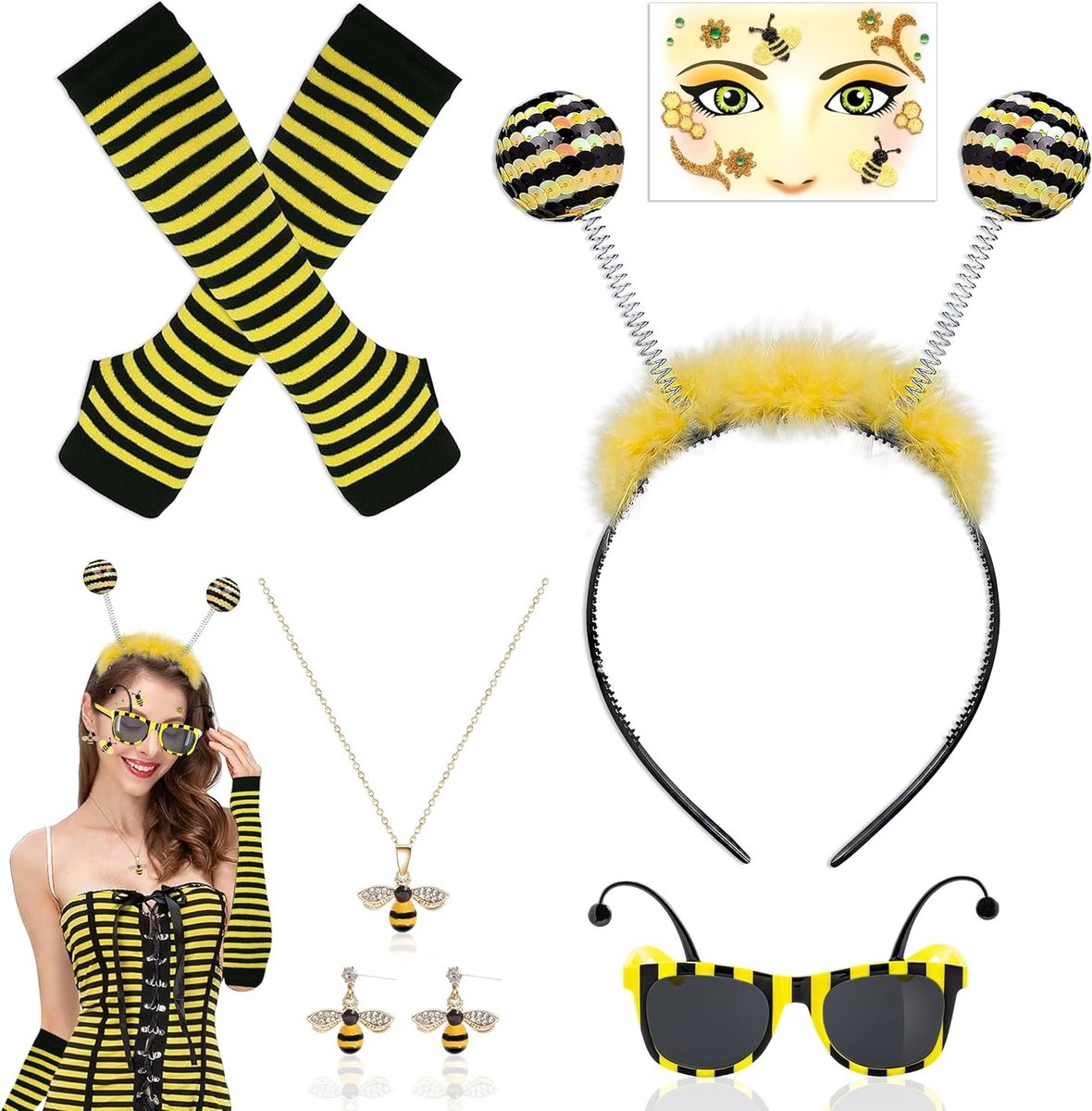 Zesdelige Bijenkostuum voor Vrouwen met Haarband, Bril, Sieraad en Tatoeages voor Carnaval en Feestjes