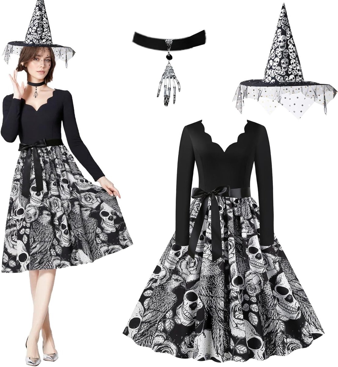 Lange Mouw Jurk met Skull Print voor Halloween, Feest, Cocktailparty en Carnaval met Roze Patroon