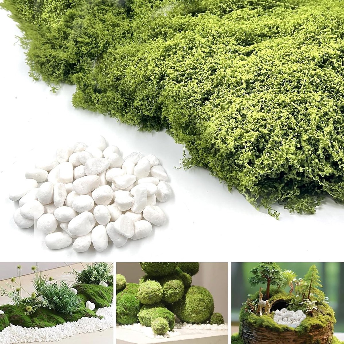 100g Kunstmos en 250g Tuinstenen, Geurloos en Kleurvast, Natuurlijke Decoratieve Moss voor Binnen en Buiten, Perfect voor Planten en DIY Projecten