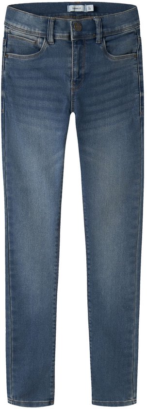 Blauwe skinny jeans met vijf zakken en bruine stiksels.
