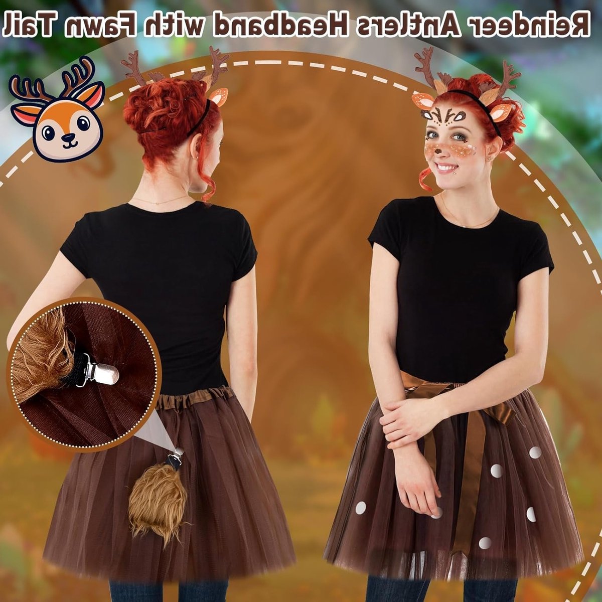 Dierenkostuum voor Vrouwen met Hertenkopband, Hertstaarten en Tulle Rok voor Kerst en Halloween - 5 Delige Set met Tijdelijke Tatoeages