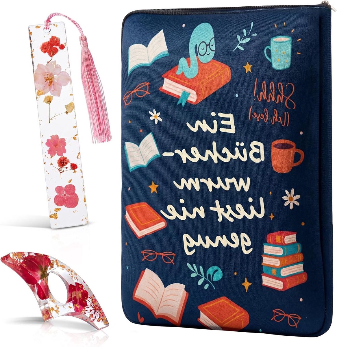 Set van 3 Boekenleggers met Gedroogde Bloemen en Kwastje - Ideaal Cadeau voor Boekenliefhebbers, Lezers en Onderwijzers - Inclusief Duurzame Boekhoezen met Rits
